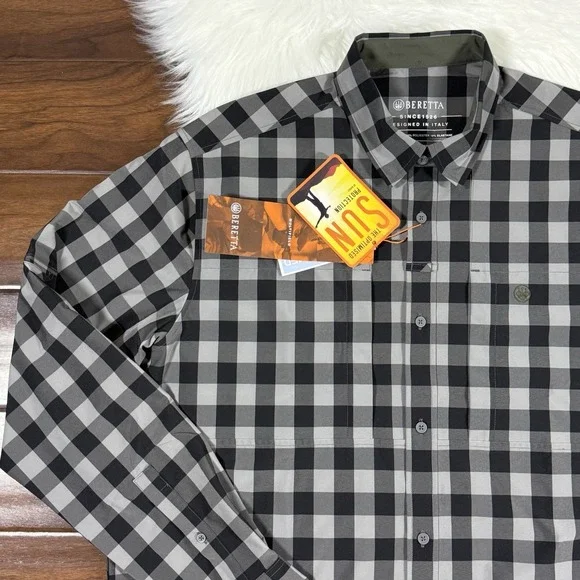 Beretta‎ Men's Size XL Gray Black Check Hovis Flex Button Up Shirt Long Sleeve - Picture 2 of 12